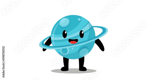 Cute Cartoon Uranus Planet Character with Rings, Smiling, Waving, Space Exploration