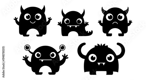 Cute Black Monsters Collection, Funny Cartoon Characters with Big Eyes and Horns