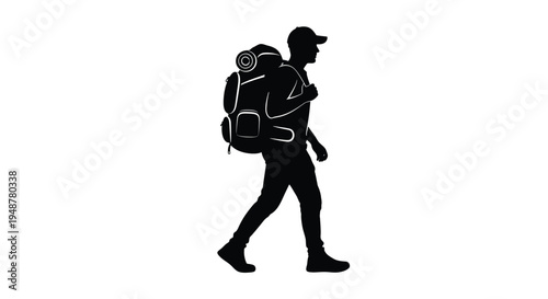 Silhouette of a hiker or backpacker wearing a cap and carrying a large trekking bag while walking