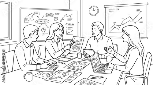 Business conference with six professionals around a table, laptops, documents, coffee mugs, leader presenting market reports, sales trends, revenue allocation, strategic plan, cityscape view.