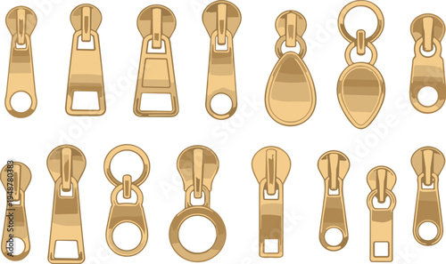 Set of golden metal zipper puller sliders in various shapes and sizes isolated on white background for fashion garment accessories