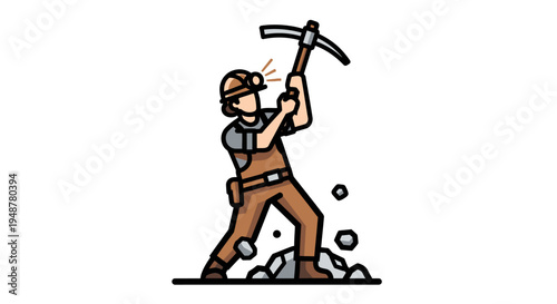 Miner digging with pickaxe, mining industry, hard work, underground exploration, geological excavation
