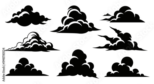 Set of Black Cloud Silhouettes on White Background - Various Shapes and Styles