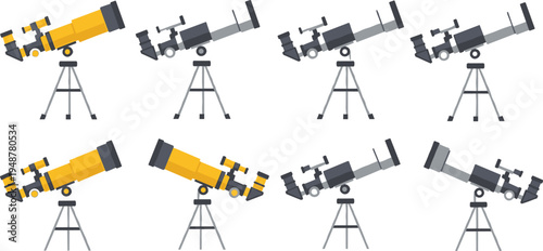 Set of professional astronomical telescope icons on tripod stand, isolated on white background, for science education, space exploration, and stargazing