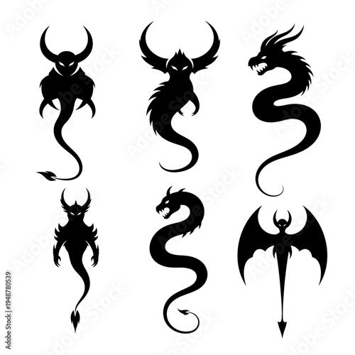 Set of Black Silhouettes of Mythical Creatures, Dragons and Monsters