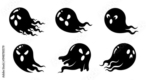 Set of Six Black Ghost Icons, Cute Halloween Characters, Isolated on White Background