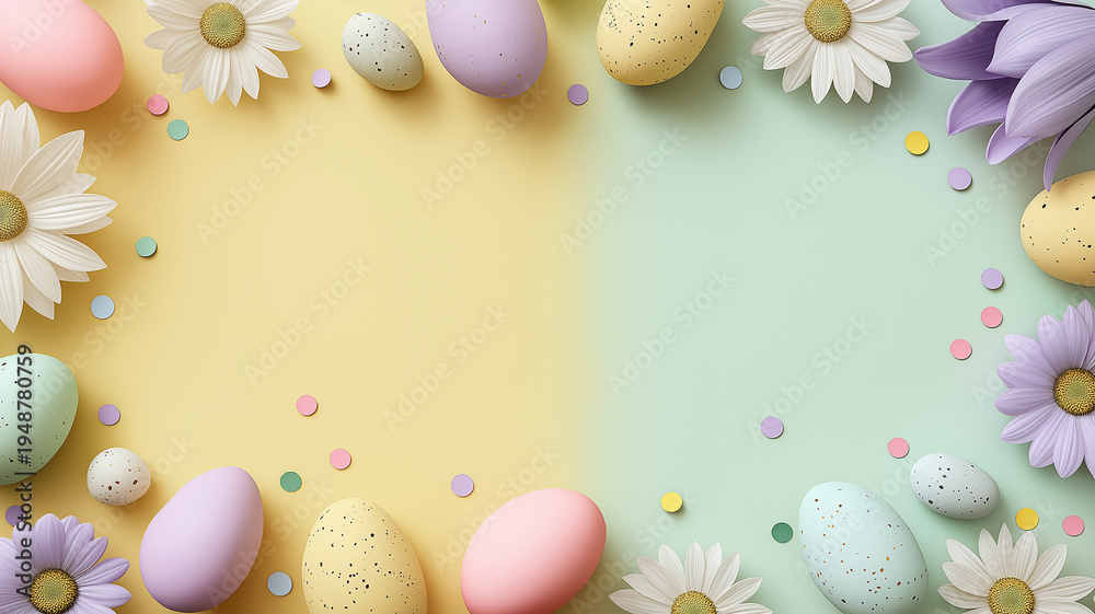 Obraz premium Bright and cheerful Easter brunch buffet setting filled with colorful eggs and vibrant flowers welcoming spring Generative AI