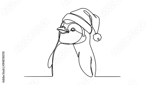 One continuous line drawing festive penguin with Santa hat vector illustration