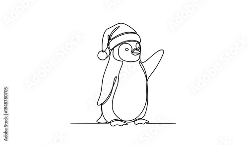 Minimal continuous line art penguin with Santa hat holiday vector illustration