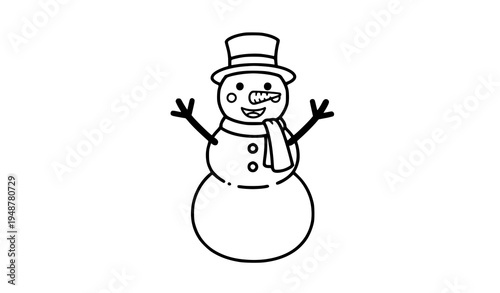 Cute snowman outline coloring book page winter vector illustration