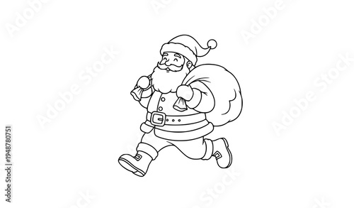 Running Santa Claus with sack of toys Christmas coloring book vector illustration