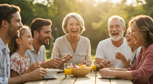 Three generation family laughing together during a sunny outdoor picnic dinner at a wooden table in a green park