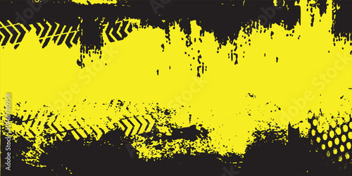 Abstract urban grunge background in bright yellow and black. Featuring tire tread patterns, spray paint drips, weathered textures, and industrial elements.