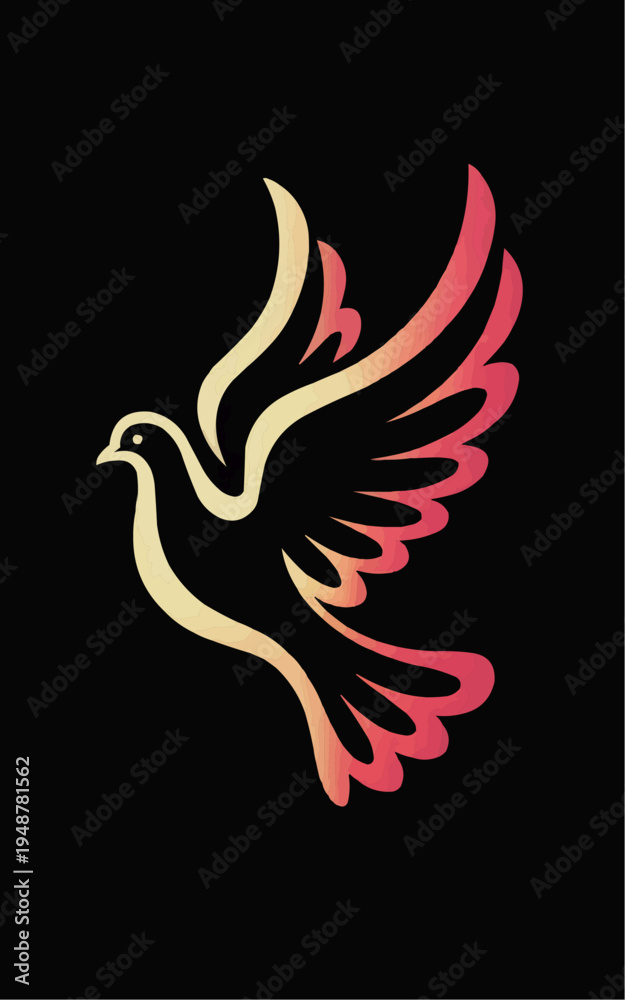 Obraz premium Elegant glowing dove logo in warm gold and pink gradient lines on a black background modern peace symbol icon for branding faith charity wellness technology apps and creative identity design
