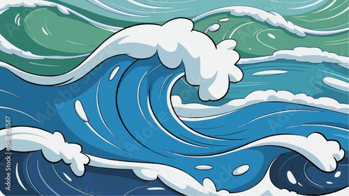 Dynamic blue ocean wave illustration with curling surf white foam and flowing water shapes inspired by coastal motion nature power and decorative marine background design for wallpaper and textile use