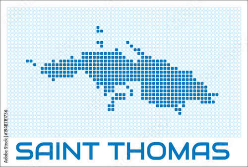 Saint Thomas digital style map with blue rounded rectangle dots. Virgin Islands (US). Dotted shape of the island. Saint Thomas blue colored map and title on white background.