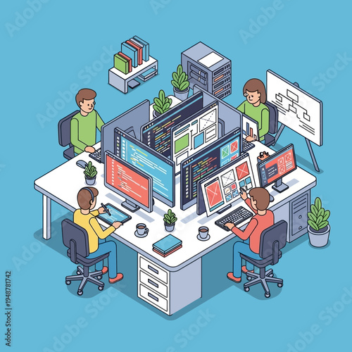 Isometric illustration of a modern office environment with developers working on computers.