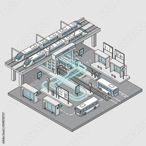 Isometric illustration of a modern transportation hub with trains, buses, and infrastructure.