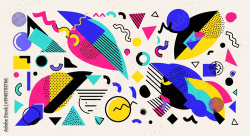 Abstract Retro Geometric Shapes Pattern Vibrant Colors.