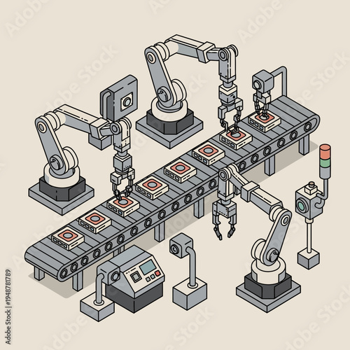Isometric illustration of an automated industrial assembly line with robotic arms and conveyor belt.