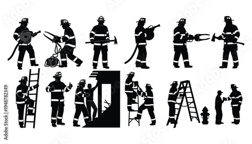 Firefighter Rescue Silhouettes in Action: Emergency Response Vector Art
