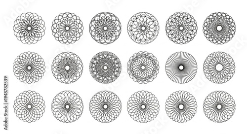 Collection of abstract circular mandala patterns in black and white.