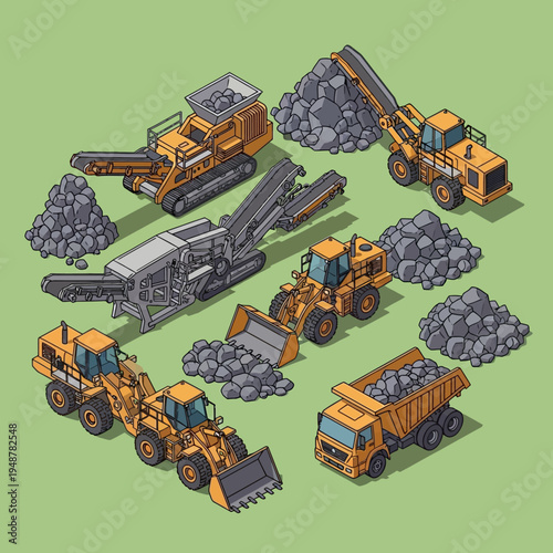 Isometric illustration of various construction vehicles and machinery used in mining.