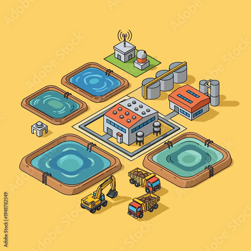Isometric illustration of a water treatment plant with various components and vehicles.