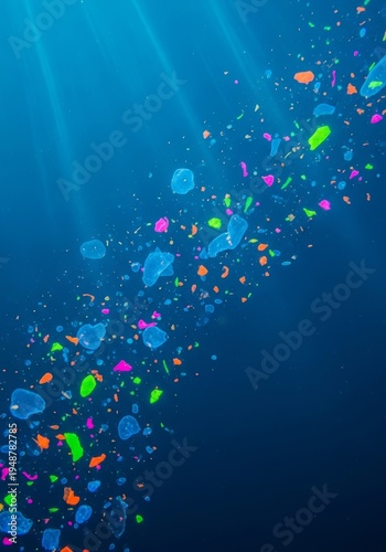 Colorful microplastics floating in deep blue ocean water. Environmental pollution of sea with marine debris. Conceptual background of ecosystem damage and plastic contamination crisis.