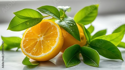 Fresh lemon with green leaves on marble, highlighted by natural light and water droplets for a crisp aesthetic.