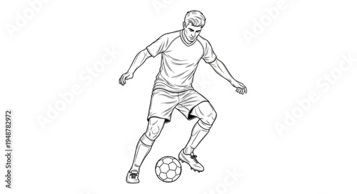 Sketch of a soccer player dribbling a ball on a white background.