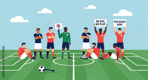 Soccer players protest on field holding signs demanding fair play.