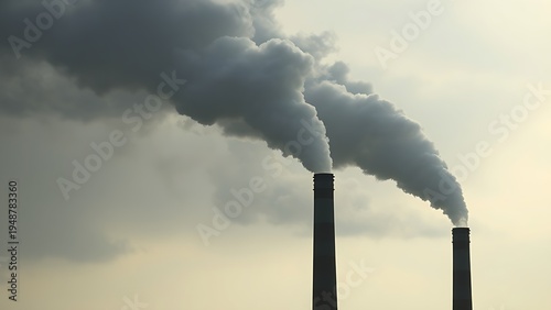 Industrial smokestacks releasing vapor into a cloudy sky, conveying an environmental message with muted tones.