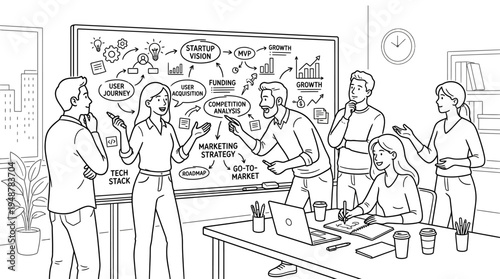 Startup brainstorming session in conference room, five professionals discussing around table, presenters pointing to whiteboard diagram “STARTUP IDEAS” with categories, laptops, notes, and motivationa