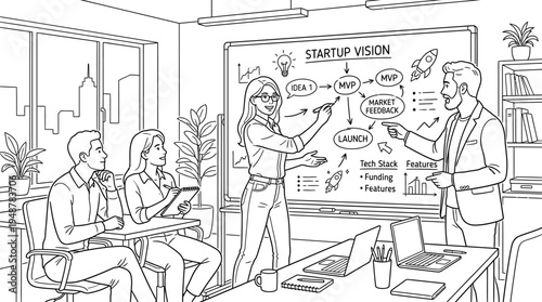 Startup brainstorming session in conference room, five professionals discussing around table, presenters pointing to whiteboard diagram “STARTUP IDEAS” with categories, laptops, notes, and motivationa