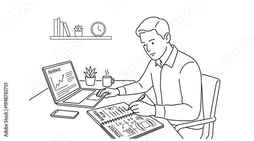 Professional working at desk with laptop showing graphs, coffee mug, plant, smartphone, cityscape view, light bulb above symbolizing creativity, productivity, remote work, and innovative ideas.