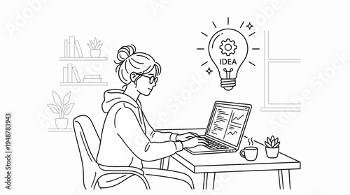 Professional working at desk with laptop showing graphs, coffee mug, plant, smartphone, cityscape view, light bulb above symbolizing creativity, productivity, remote work, and innovative ideas.