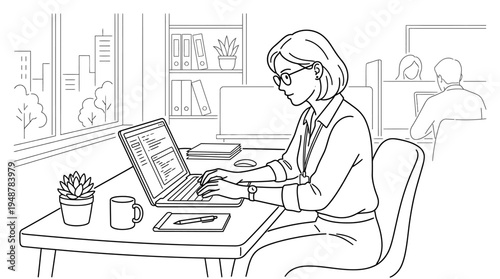 Focused professional in office working on laptop with charts, graphs, documents, coffee, smartphone, plants, bookshelf, cityscape view, organized workspace symbolizing productivity and data analysis.