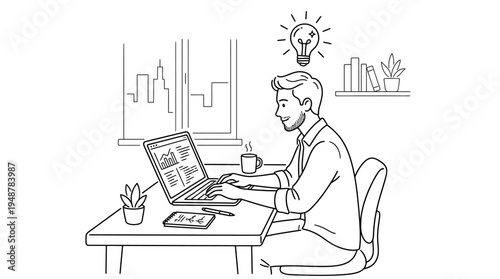 Professional working at desk with laptop showing graphs, coffee mug, plant, smartphone, cityscape view, light bulb above symbolizing creativity, productivity, remote work, and innovative ideas.