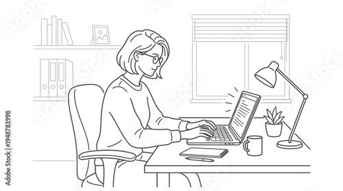 Focused professional in office working on laptop with charts, graphs, documents, coffee, smartphone, plants, bookshelf, cityscape view, organized workspace symbolizing productivity and data analysis.