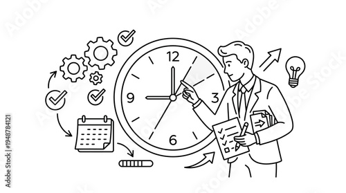 Business professional adjusting large clock with Roman numerals, surrounded by gears, calendar, checklist, light bulb, stopwatch, office background, symbolizing time management, productivity, efficien