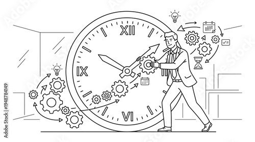 Business professional adjusting large clock with Roman numerals, surrounded by gears, calendar, checklist, light bulb, stopwatch, office background, symbolizing time management, productivity, efficien