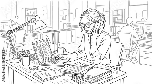 Busy office scene with professionals multitasking, phone calls, laptops, documents, bulletin board, shelves, coffee cup, potted plant, cityscape view, teamwork, productivity, and modern work culture.