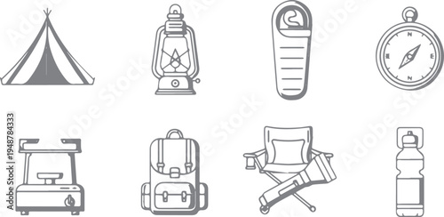 Camping and outdoors gear line icons: tent, lantern, compass, backpack, sleeping bag, stove, line art, outline icon, icon set, flash light
