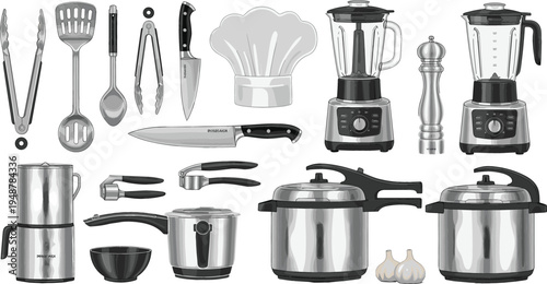 Set of Kitchen Appliances and Tools Including Blenders, Knives, Cookware, and Chef Accessories, Cooking Equipment Illustration