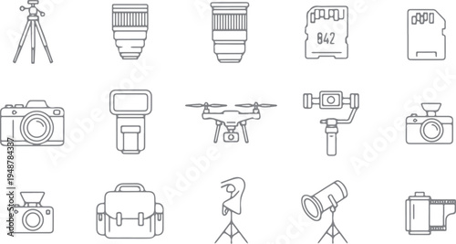 Photography and videography equipment line icons set: camera, drone, tripod, lens, flash, sd card, gimbal, sd card, action camera, camera bag, line art, outline icon