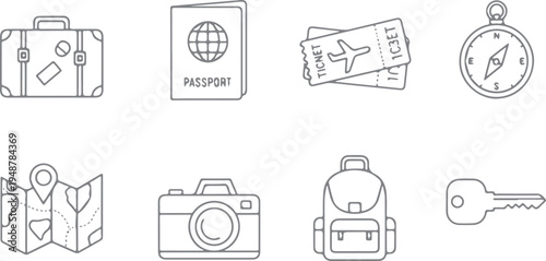 Travel icons: suitcase, passport, tickets, compass, map, camera, backpack, key - line art, boarding pass, air travel, flat design