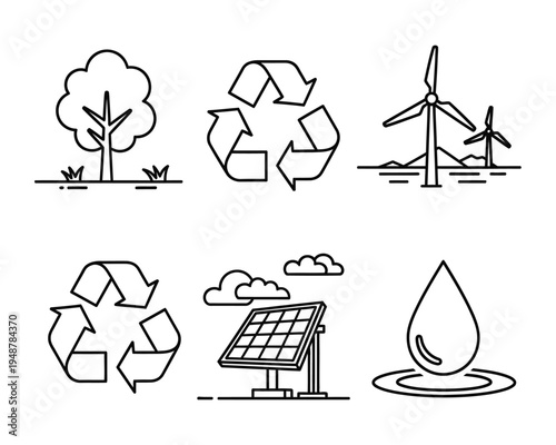 A collection of simple line art icons representing various environmental and green energy concepts