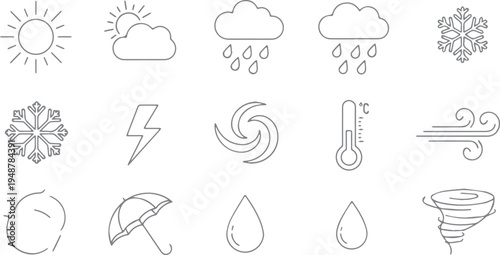 Weather icons: sun, clouds, rain, snowflake, lightning, hurricane, thermometer, wind, tornado - line art, weather forecast, natural disaster, flat design