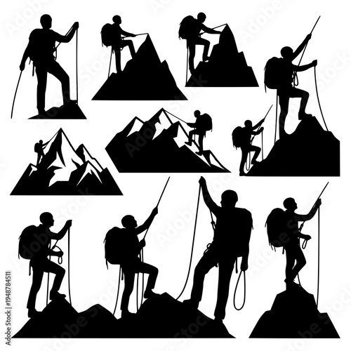 Stylized climber silhouette vector set hiking and mountaineering EPS10 isolated on white